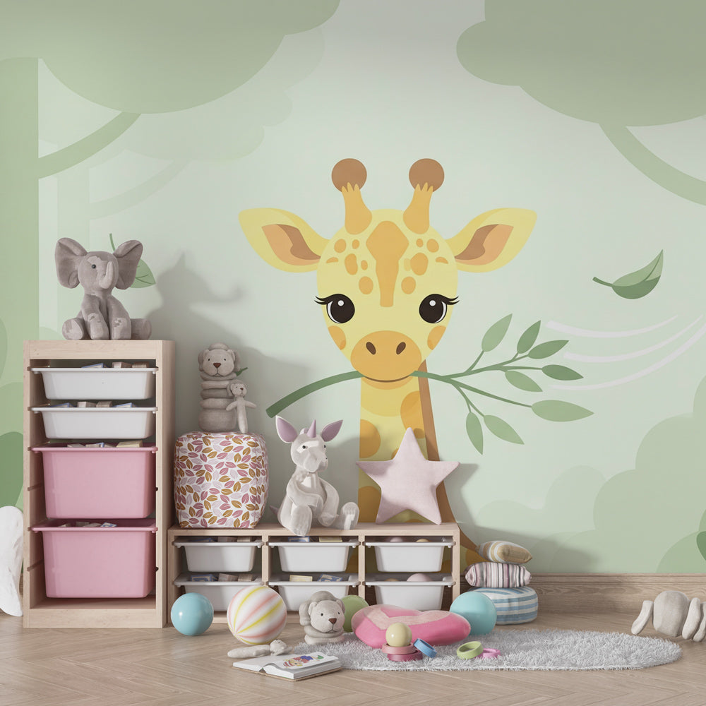 Jungle animal wallpaper featuring cute giraffe in cozy toddler room setting