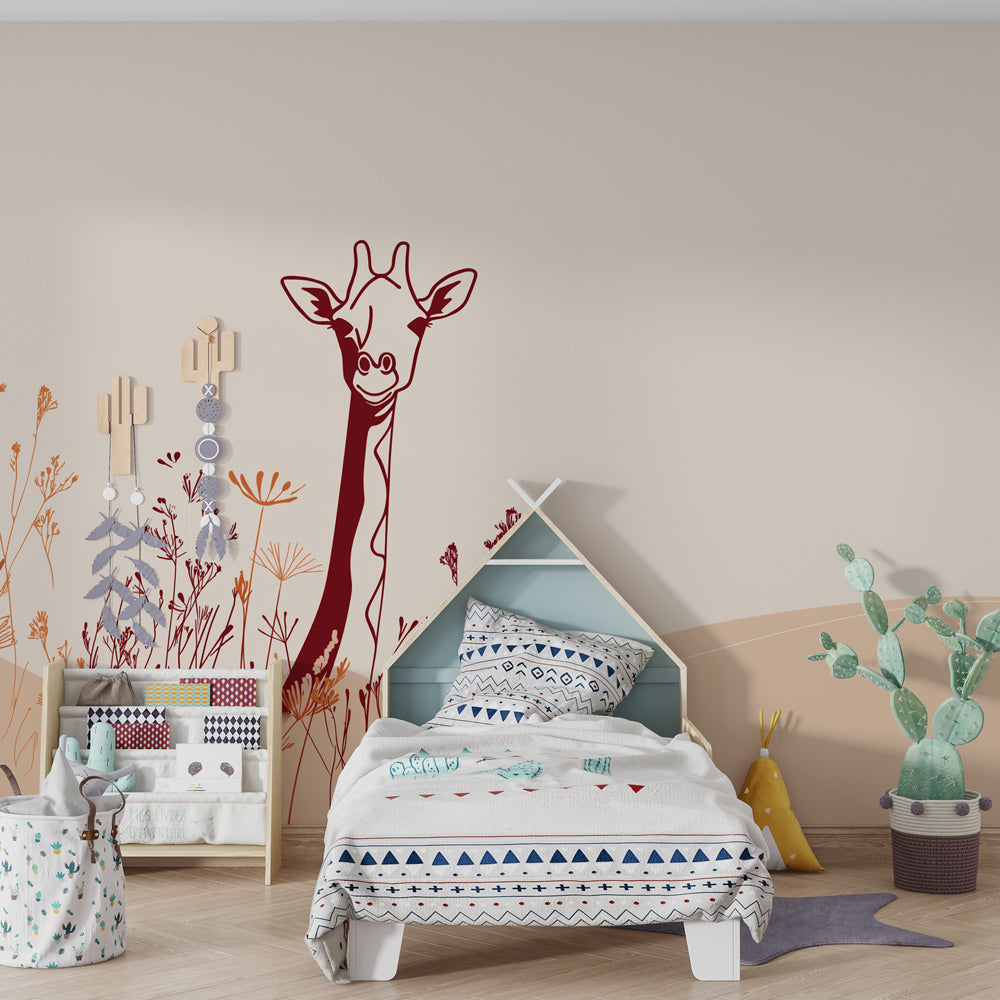 Smiling giraffe mural wallpaper for children's bedroom with delicate floral details