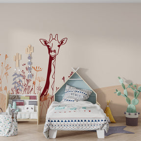 Smiling giraffe mural wallpaper for children's bedroom with delicate floral details