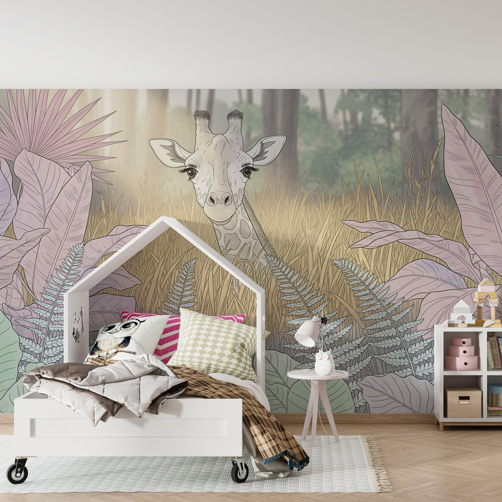 Tropical giraffe wallpaper with pastel foliage in modern kids bedroom setting