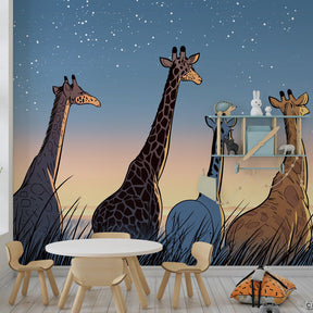 Starry night giraffe mural wallpaper showing twilight colors in children's room