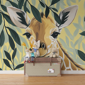 Charming giraffe mural wallpaper with yellow background in cozy nursery decor setting