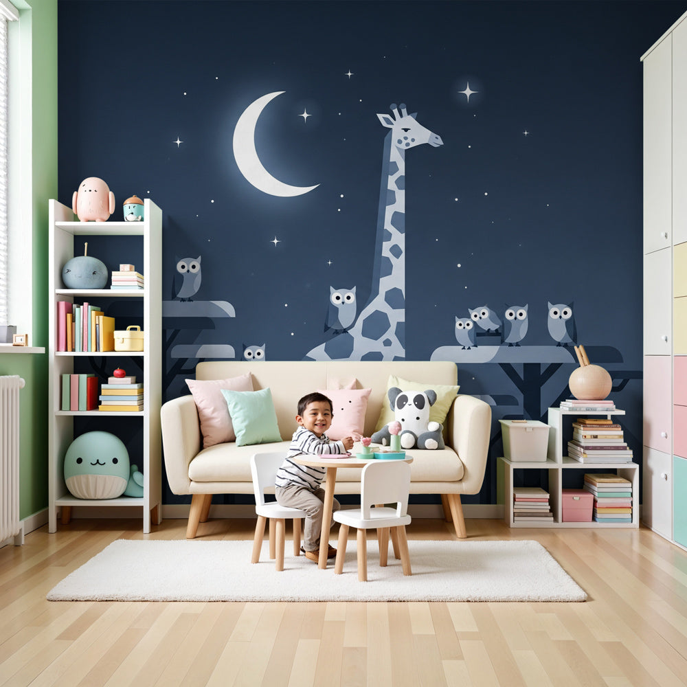 Giraffe and owl mural wallpaper in serene blue nursery with moonlit night sky design by Kids-Mundo