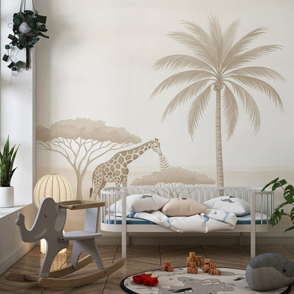 Kids-Mundo safari wall mural bringing warm, gentle adventure to a bright playroom