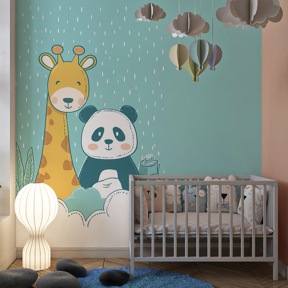 Kids-Mundo giraffe and panda wall mural behind a bed in a calm kids bedroom setting