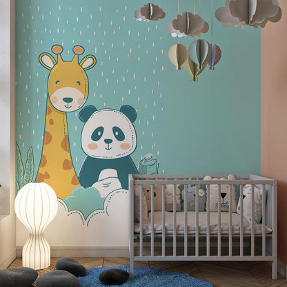 Kids-Mundo giraffe and panda wall mural behind a bed in a calm kids bedroom setting