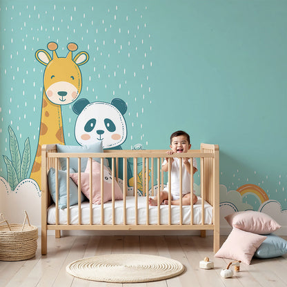 Giraffe and panda wall mural by Kids-Mundo styled in a soft neutral nursery with cot and shelving