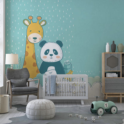Giraffe and panda rain design wall mural by Kids-Mundo in a bright playroom corner