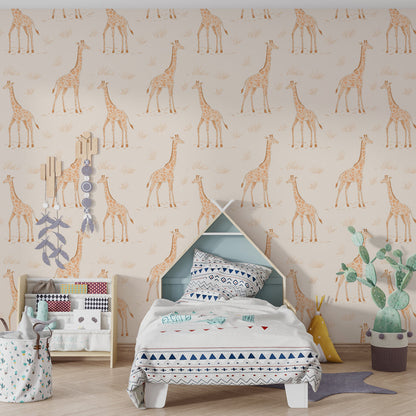 Kids-Mundo giraffe pattern wall mural behind a bed in a neutral-toned kids' bedroom.