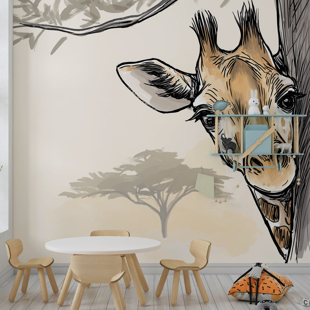 Kids-Mundo peekaboo giraffe wall mural bringing character to a kids bedroom