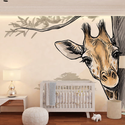Kids-Mundo peekaboo giraffe wall mural adding a playful touch to a children's playroom