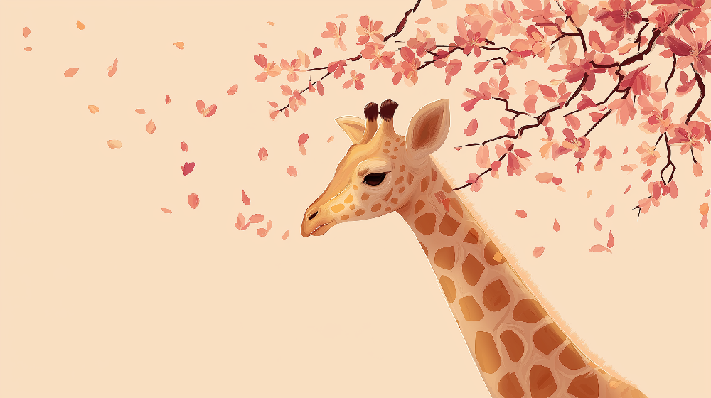 Kids-Mundo flat artwork of a giraffe beneath pink blossom branches used for this wall mural design