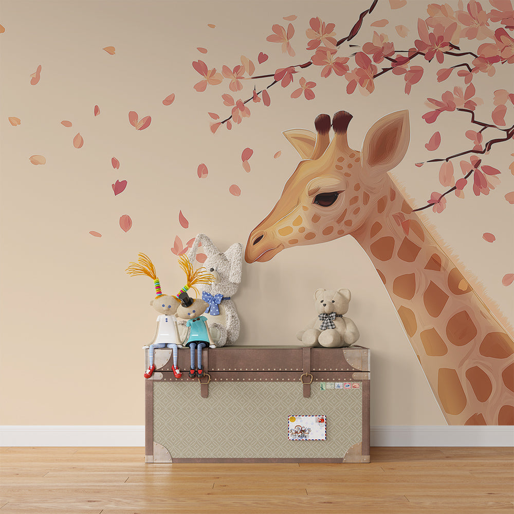 Kids-Mundo pink blossom giraffe mural brightening a playful children's playroom wall