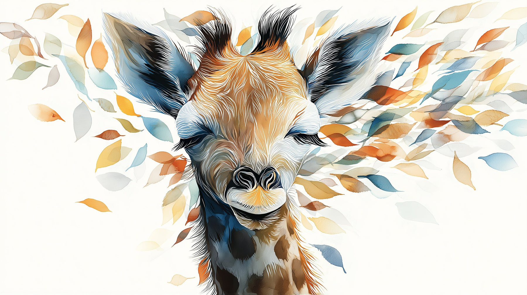 Detailed giraffe portrait mural wallpaper design pattern with colorful leaves by Kids-Mundo