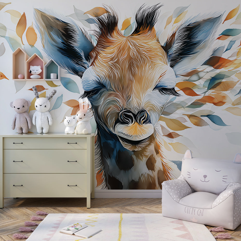 Gentle giraffe wallpaper creating nature-themed children's bedroom decor with pastel colors