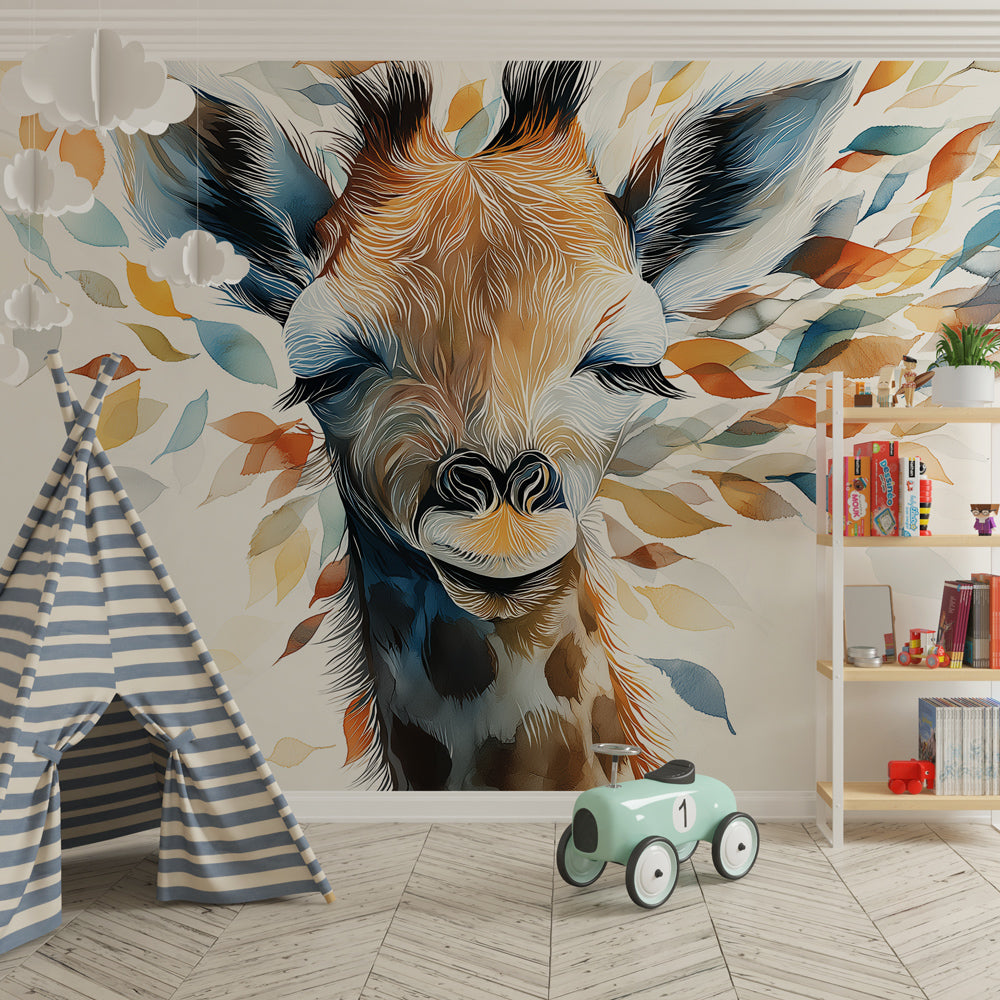 Animal mural wallpaper featuring smiling giraffe in bright children's playroom setting