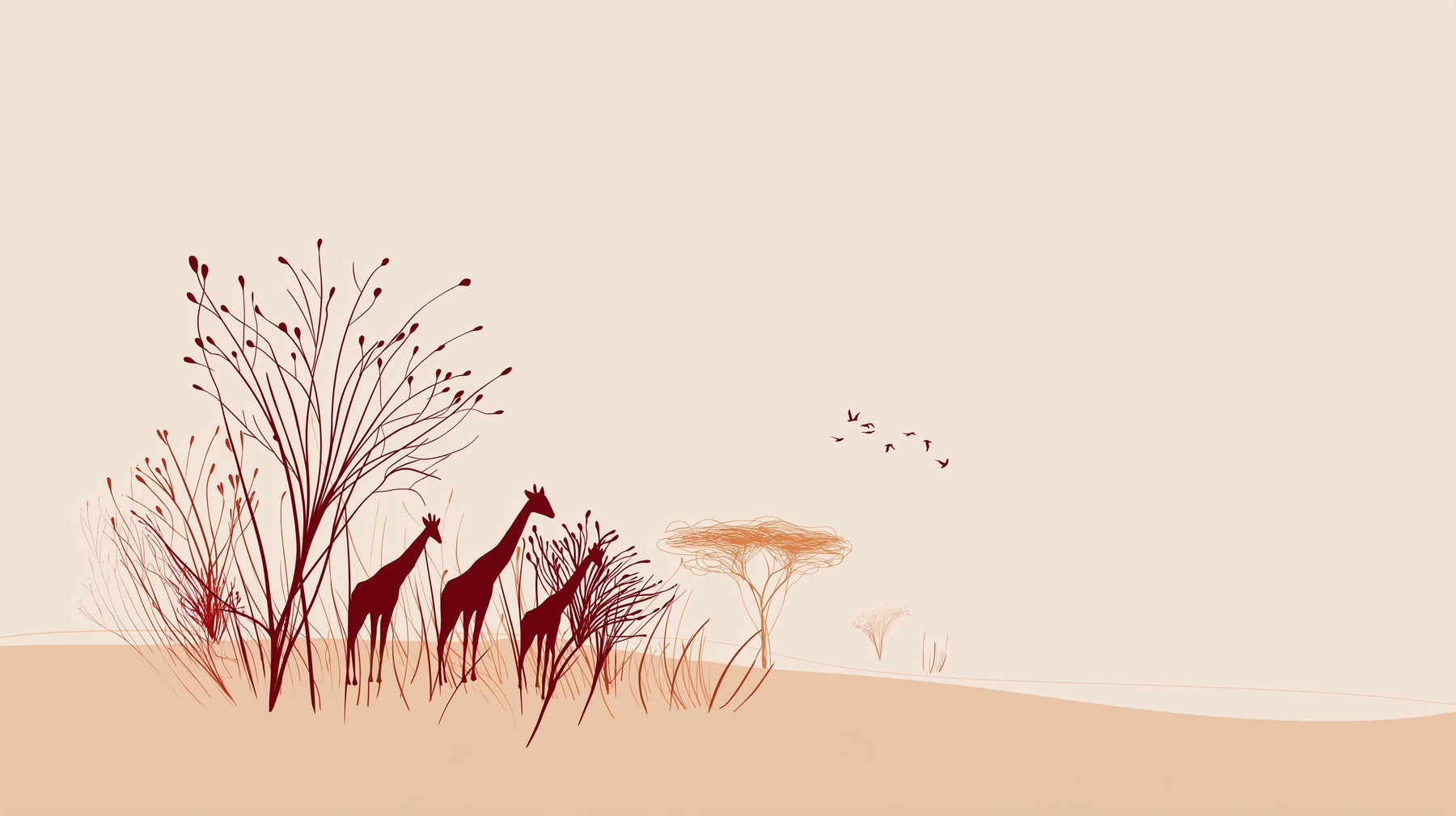 Detailed giraffe safari mural wallpaper design pattern with acacia trees and birds by Kids-Mundo