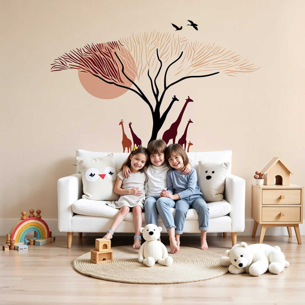 Giraffe safari mural wallpaper in modern nursery with natural wood furniture by Kids-Mundo