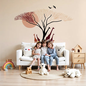 Giraffe safari mural wallpaper in modern nursery with natural wood furniture by Kids-Mundo