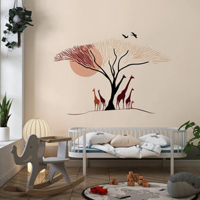 Safari themed giraffe mural wallpaper transforming children's playroom into adventure space