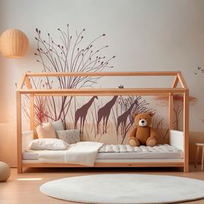 African savanna mural wallpaper with giraffes and trees transforming kids playroom space