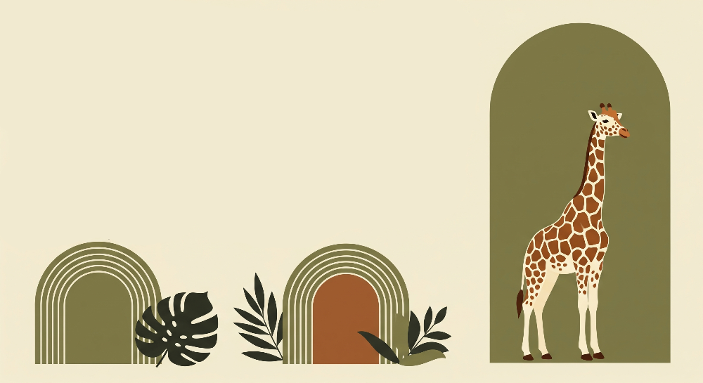 Kids-Mundo flat artwork preview of the sage green giraffe and arches wall mural design