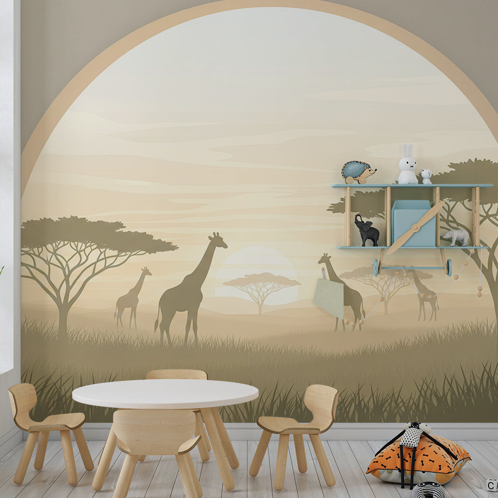 Kids-Mundo safari wall mural featuring silhouetted giraffes in a calm kids bedroom wall scheme