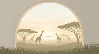 Kids-Mundo safari wall mural flat artwork showing a giraffe family silhouette at sunset