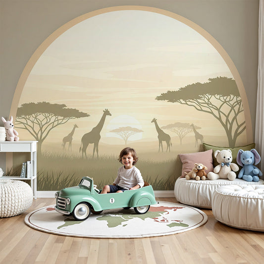 Kids-Mundo safari wall mural with giraffe family at sunset shown in a neutral nursery room