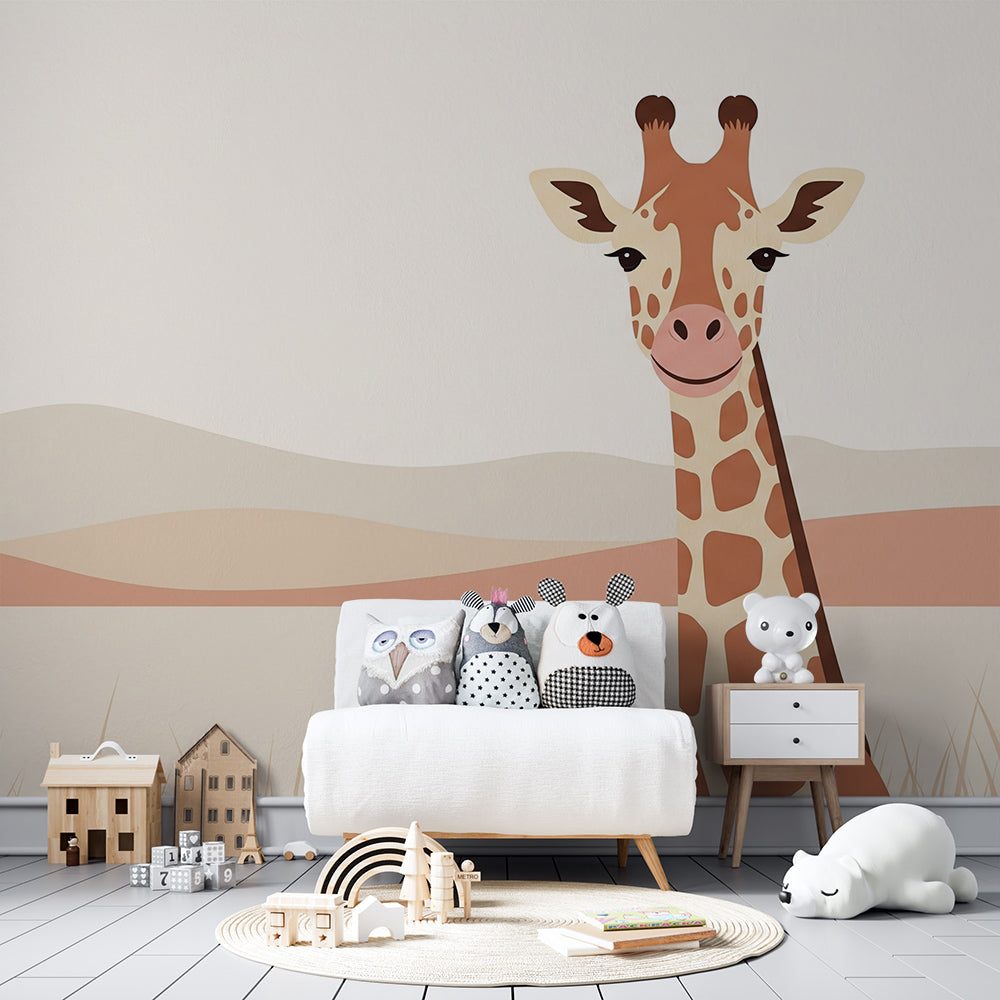 Kids-Mundo giraffe wall mural covering a feature wall in a warm, animal-themed children's bedroom.