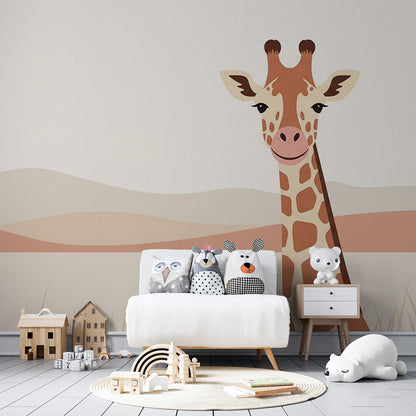 Kids-Mundo giraffe wall mural covering a feature wall in a warm, animal-themed children's bedroom.