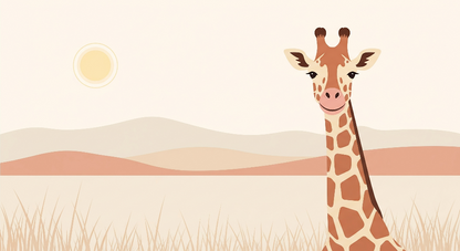 Kids-Mundo flat artwork of a smiling giraffe standing against a warm terracotta savannah sunset.