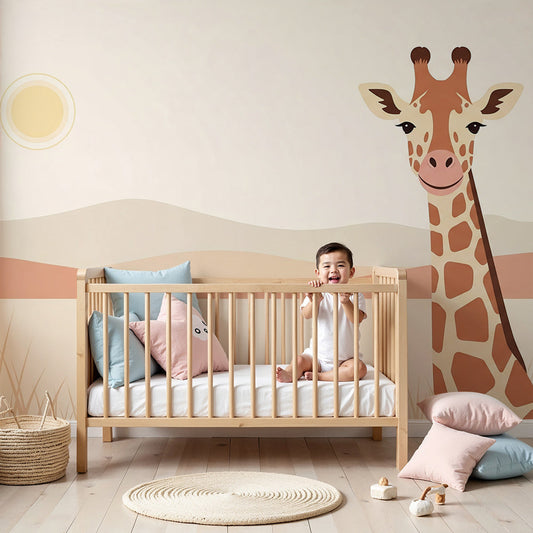 Kids-Mundo giraffe savannah wall mural styled above a cot in a warm, safari-themed nursery.