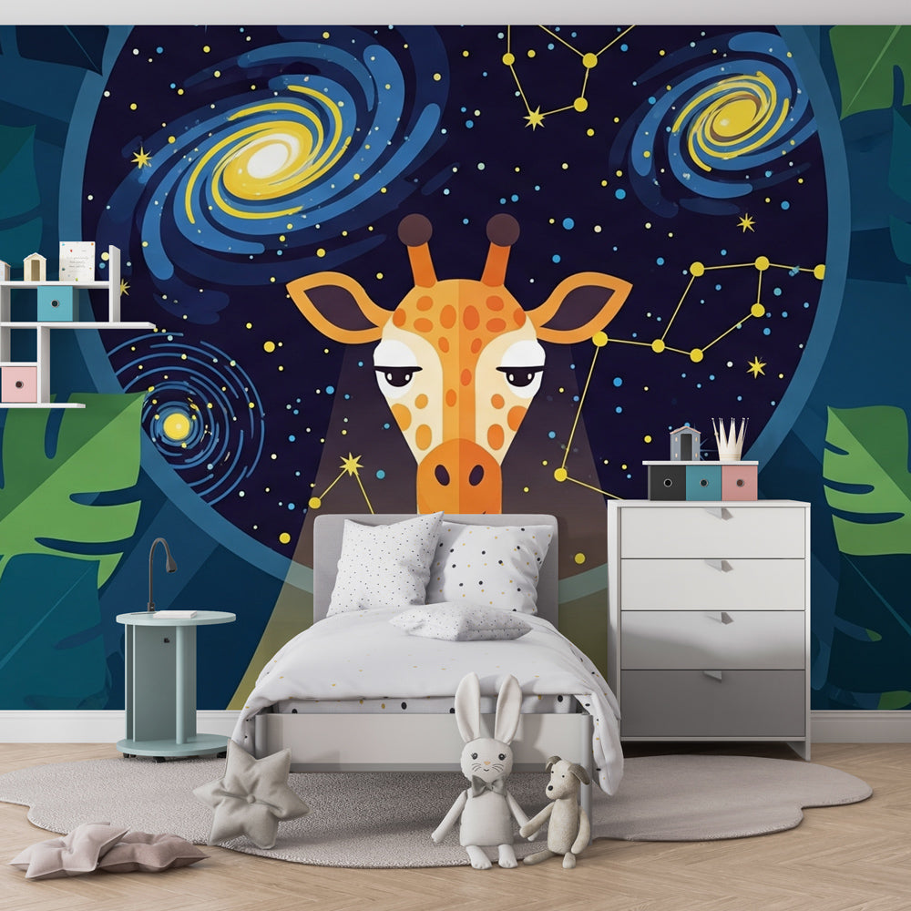 Space giraffe wallpaper transforming children's bedroom with stars and galaxy design