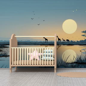 African safari giraffe wallpaper transforming children's playroom with sunset scene