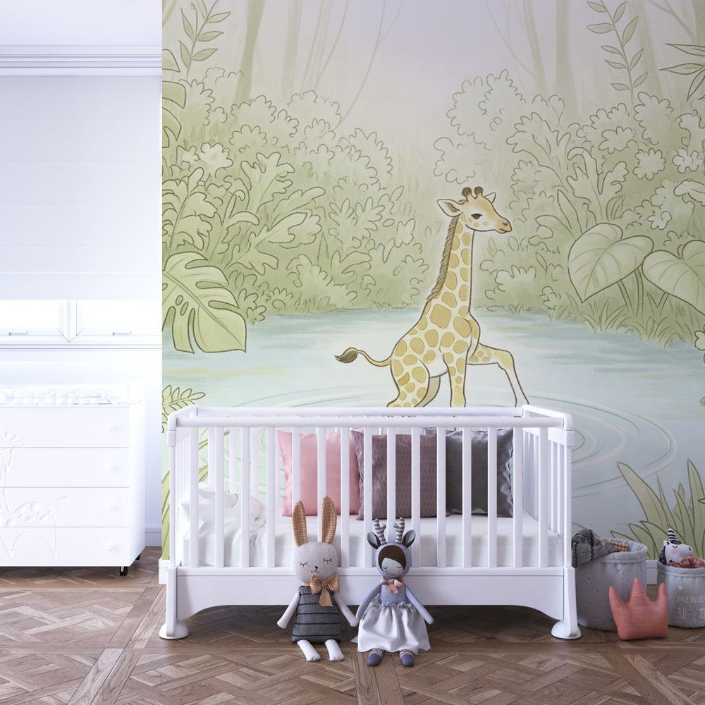Children's bedroom featuring giraffe tropical wallpaper with botanical garden elements and pastel colors