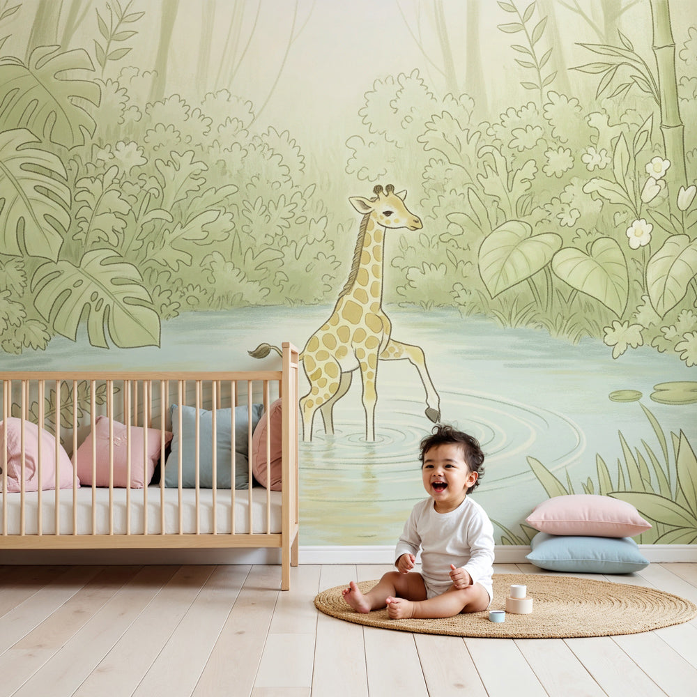 Tropical giraffe mural wallpaper creating magical nursery decor with lush garden theme by Kids-Mundo