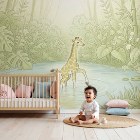 Tropical giraffe mural wallpaper creating magical nursery decor with lush garden theme by Kids-Mundo