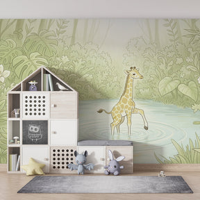 Kids playroom decorated with tropical giraffe mural wallpaper showing African safari garden scene
