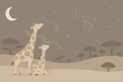 Kids-Mundo flat artwork of two giraffes under a crescent moon and starry sky in muted tones