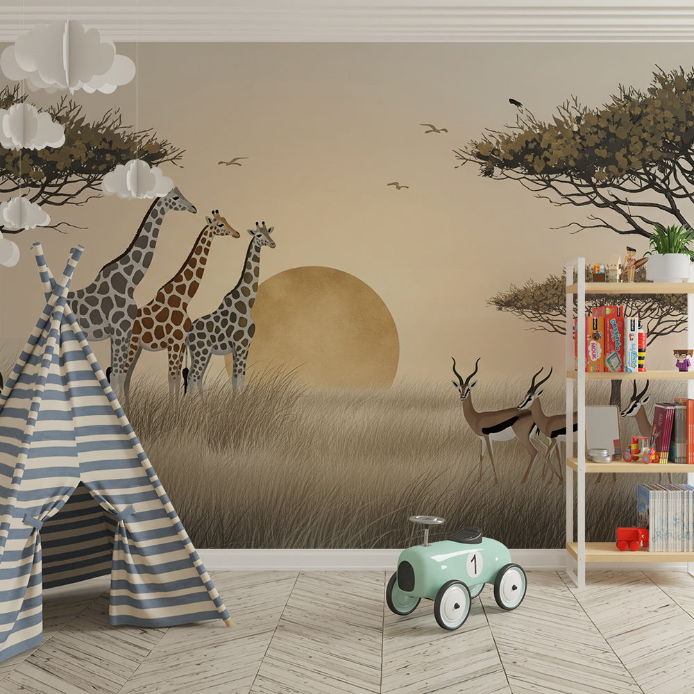 Kids-Mundo sunset savanna wall mural with giraffes installed in a kids bedroom