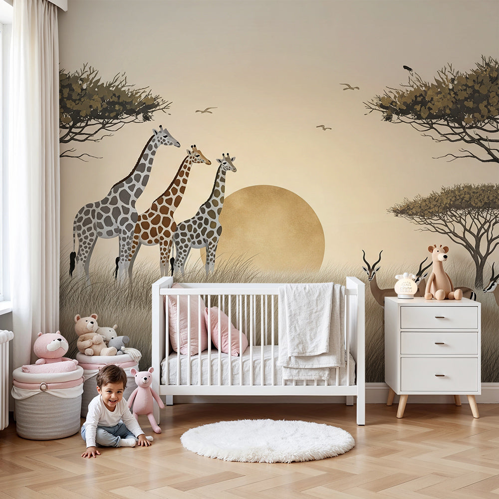 Kids-Mundo giraffe sunset savanna wall mural made to measure for a nursery