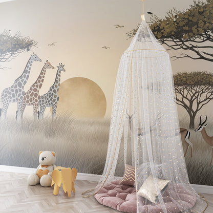 Kids-Mundo giraffe and gazelle mural bringing a golden sunset savanna to a playroom