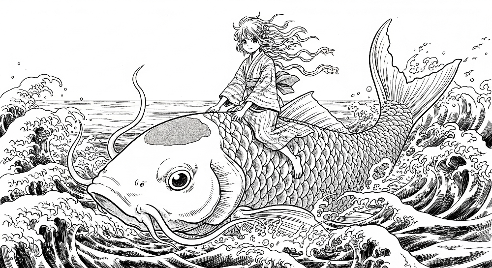 Kids-Mundo flat artwork of a girl riding a giant fish through dramatic black and white ocean waves
