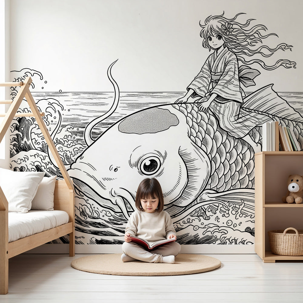 Kids-Mundo girl and giant fish wave wall mural styled above a bed in a bold kids nursery