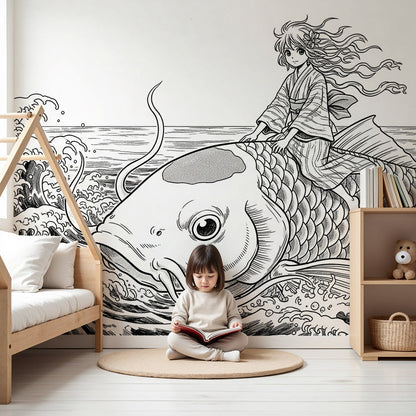 Kids-Mundo girl and giant fish wave wall mural styled above a bed in a bold kids nursery