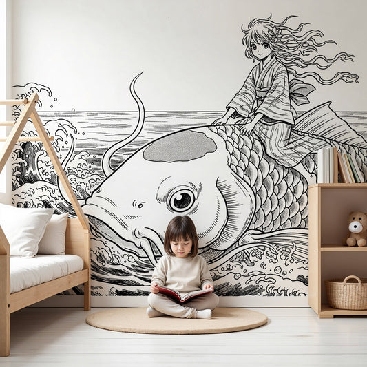Kids-Mundo girl and giant fish wave wall mural styled above a bed in a bold kids nursery