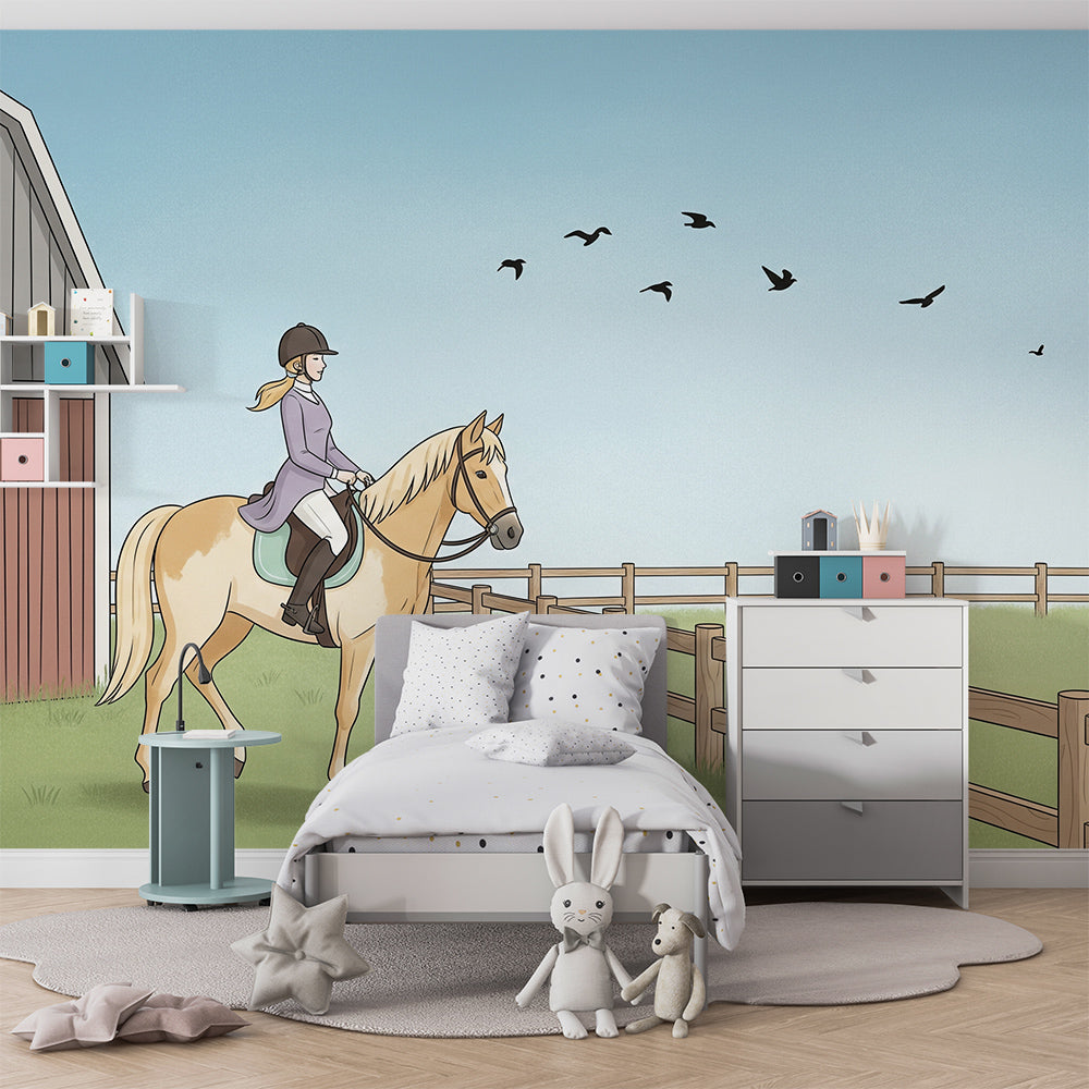 Girl riding a golden horse wall mural by Kids-Mundo behind a bed in a kids bedroom