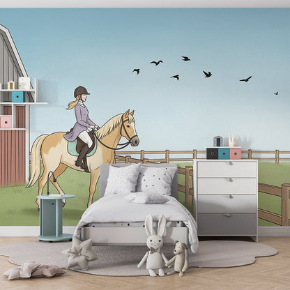 Girl riding a golden horse wall mural by Kids-Mundo behind a bed in a kids bedroom