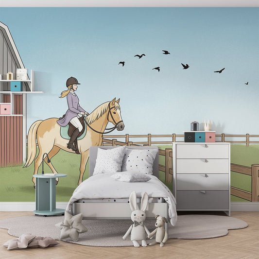 Girl riding a golden horse wall mural by Kids-Mundo behind a bed in a kids bedroom